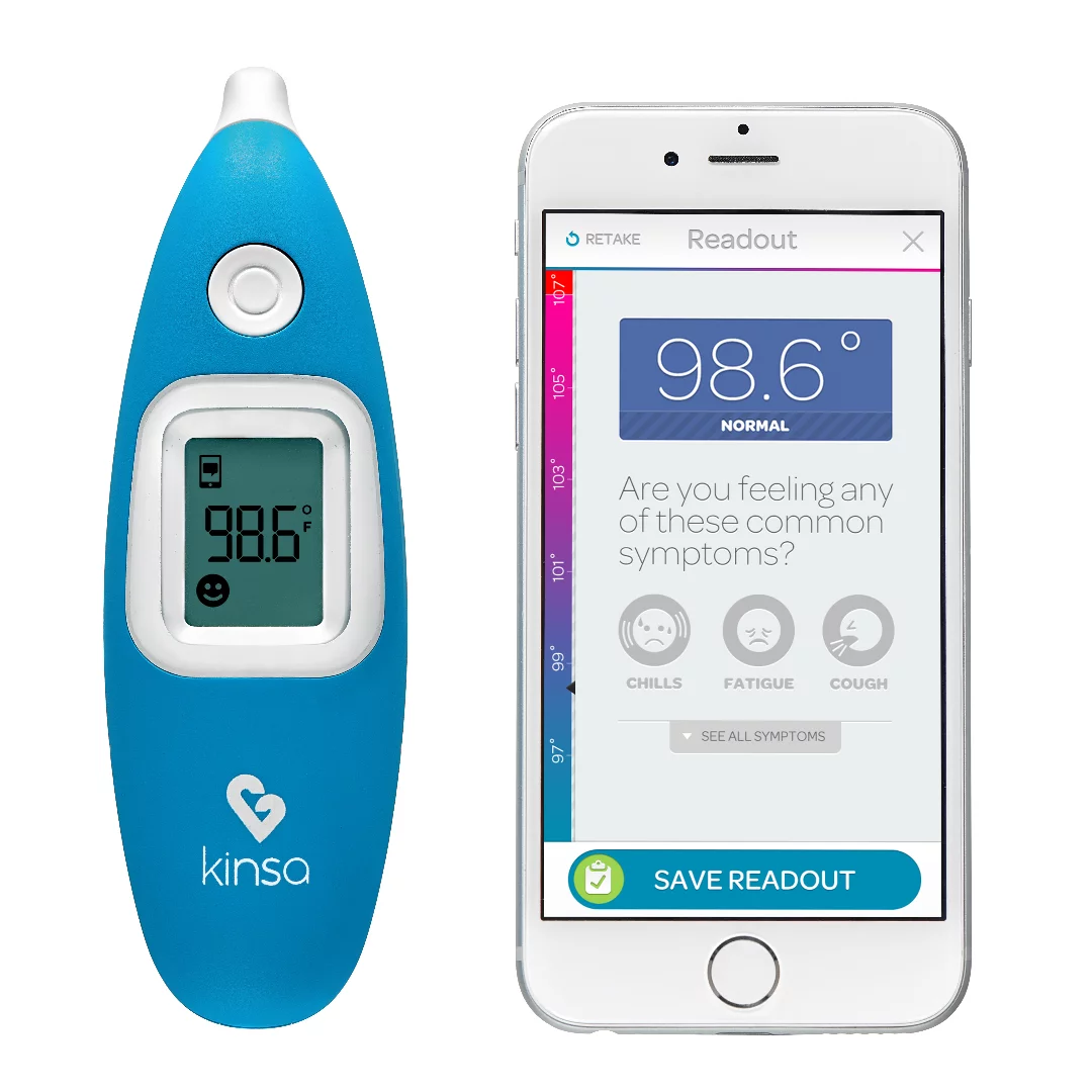 The Kinsa Smart Ear Thermometer syncs via Bluetooth to iOS and Android devices