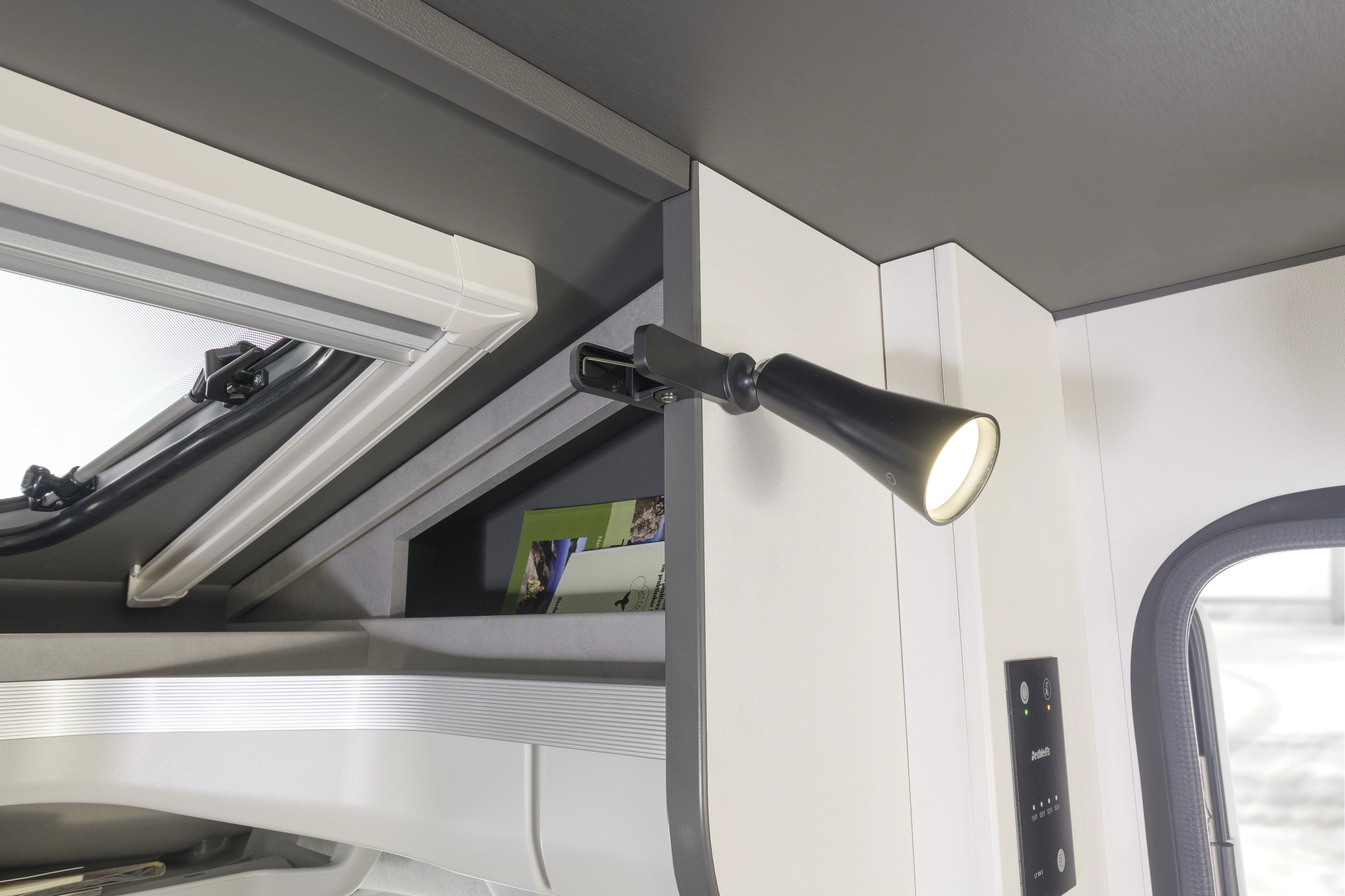 Corner storage nooks and adjustable lighting