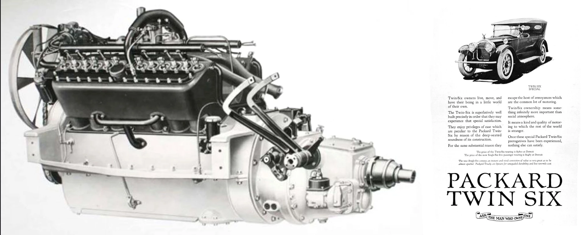 Packard's V12 engine used a 60 degree cylinder angle, side valves and 6.821 liter displacement (76.2 mm × 127 mm) to produce 88 hp at 2,600 rpm