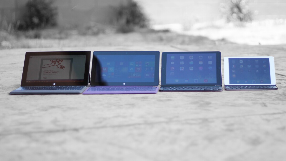 (l--r) Surface Pro 2, Surface 2, iPad Air, Retina iPad mini