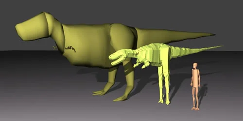 Computer models of an adult Tyrannosaurus rex, a juvenile, and a human (Image: The Royal Veterinary College)