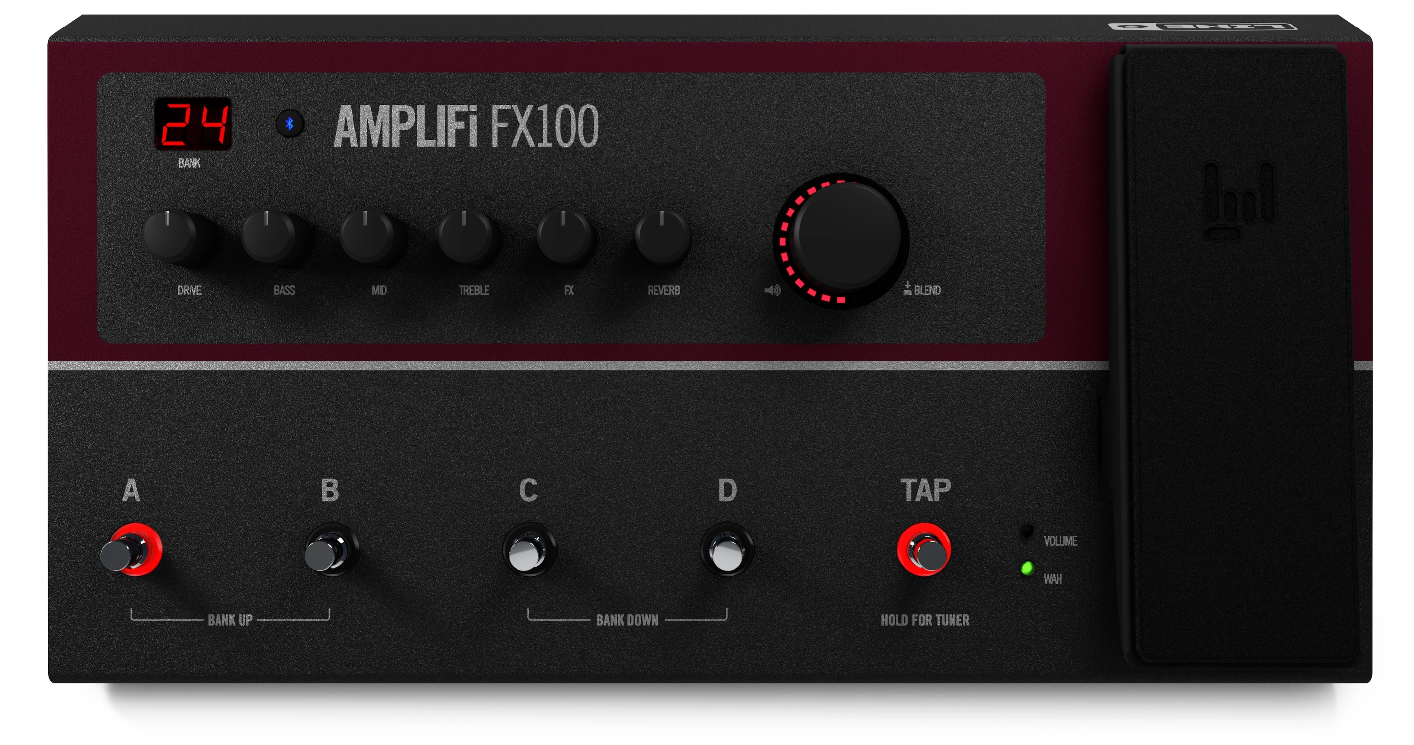 The top of the FX100 sports four footswitches for bank/preset selection, control knobs, a volume/blend dial and an expression pedal