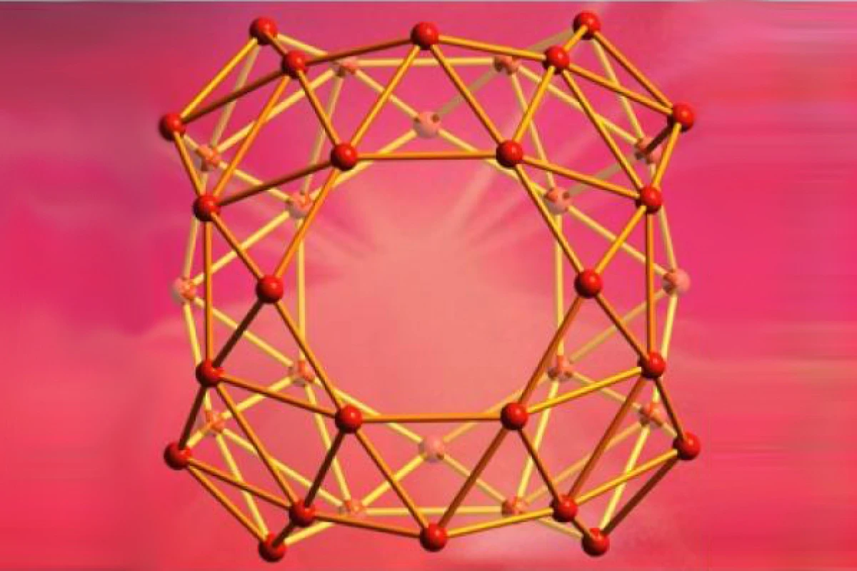 The first experimental evidence has shown that clusters of 40 boron atoms form a molecular cage similar to the carbon buckyball (Image: Wang lab / Brown University)