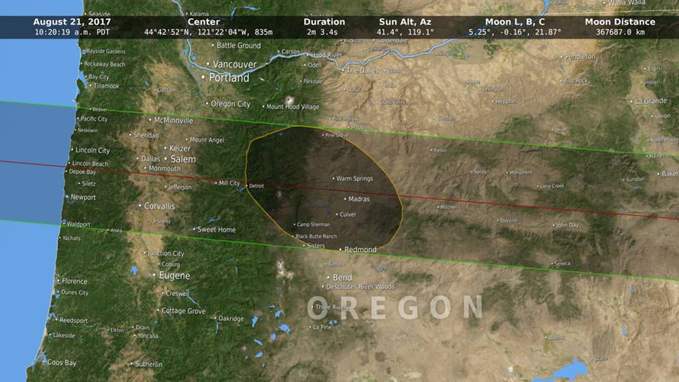 This map shows a detailed image of the Moon's umbra as it passes over the United States during the August 21, 2017 total solar eclipse