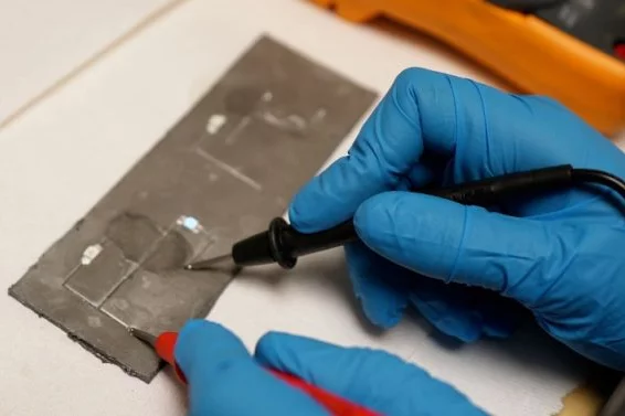 An embossed circuit is tested on the new material