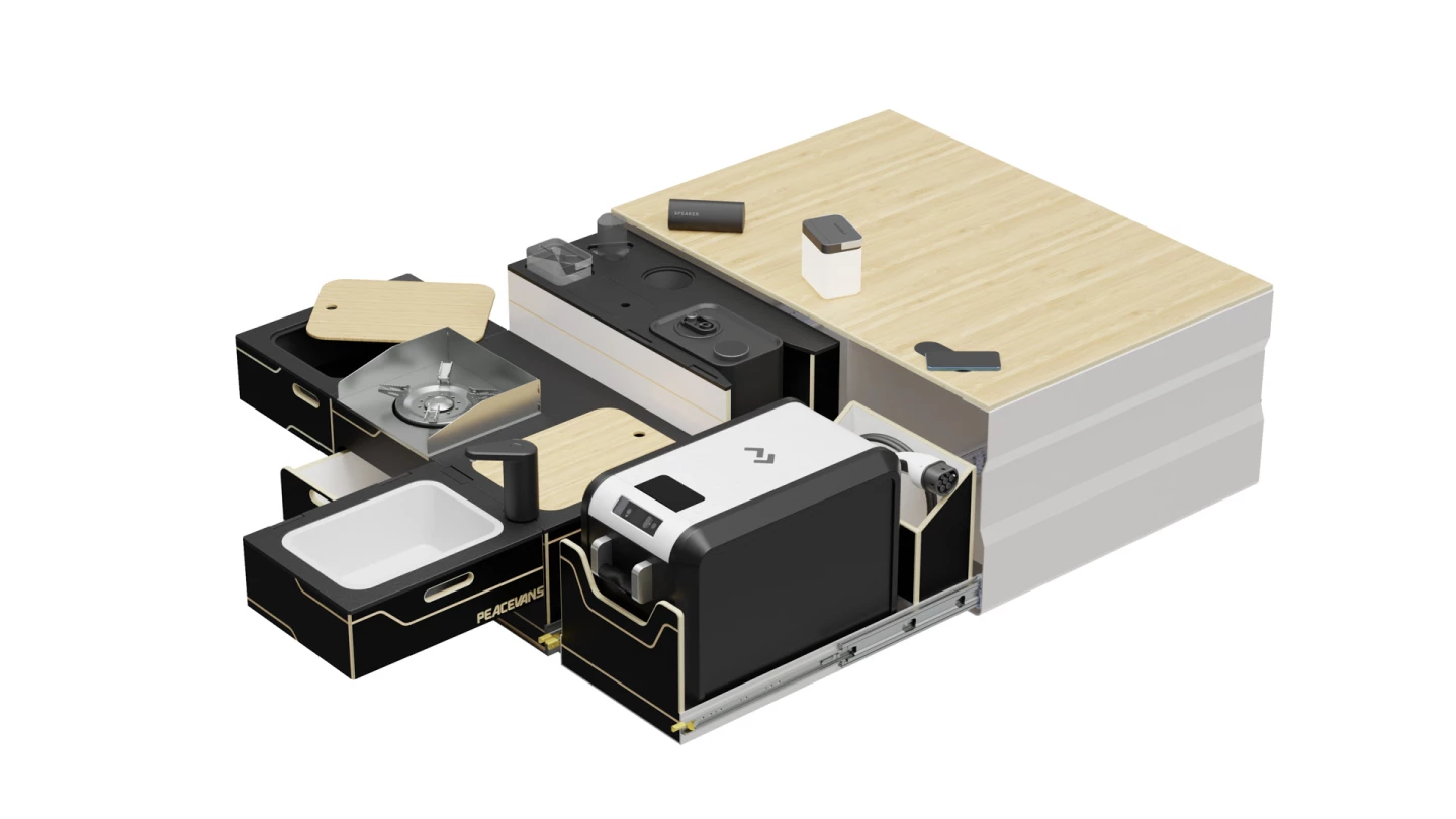 Peace Vans' announcement doesn't specify, but the rendering here clearly shows it's leaning toward Dometic appliances for the Buzz Box, including the HYD canister/faucet system