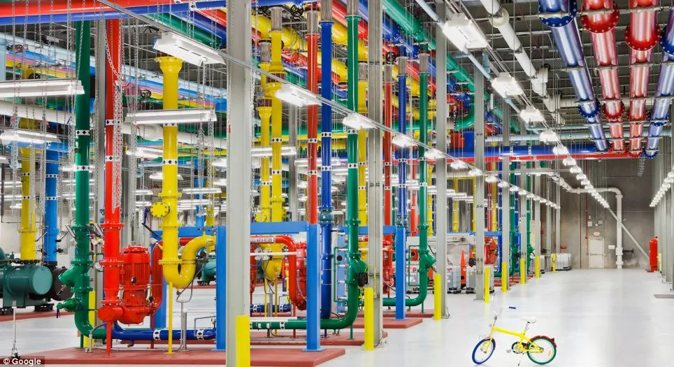 Color-coded pipes for the cooling system, and a G-Bike for employees to get around the facility
