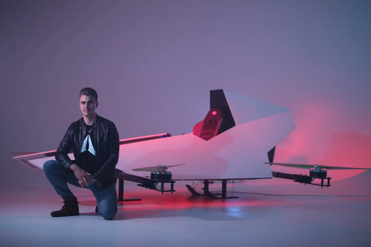 Matt Pearson with a mockup of the Mirage Airspeeder (NOT the Mark 1 Airspeeder, which would be the first model to actually fly)