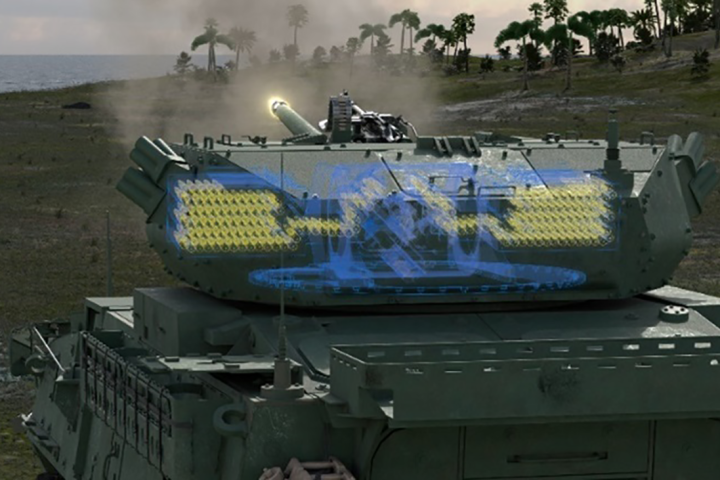 A chain gun turret showing its ammo feed in X-ray