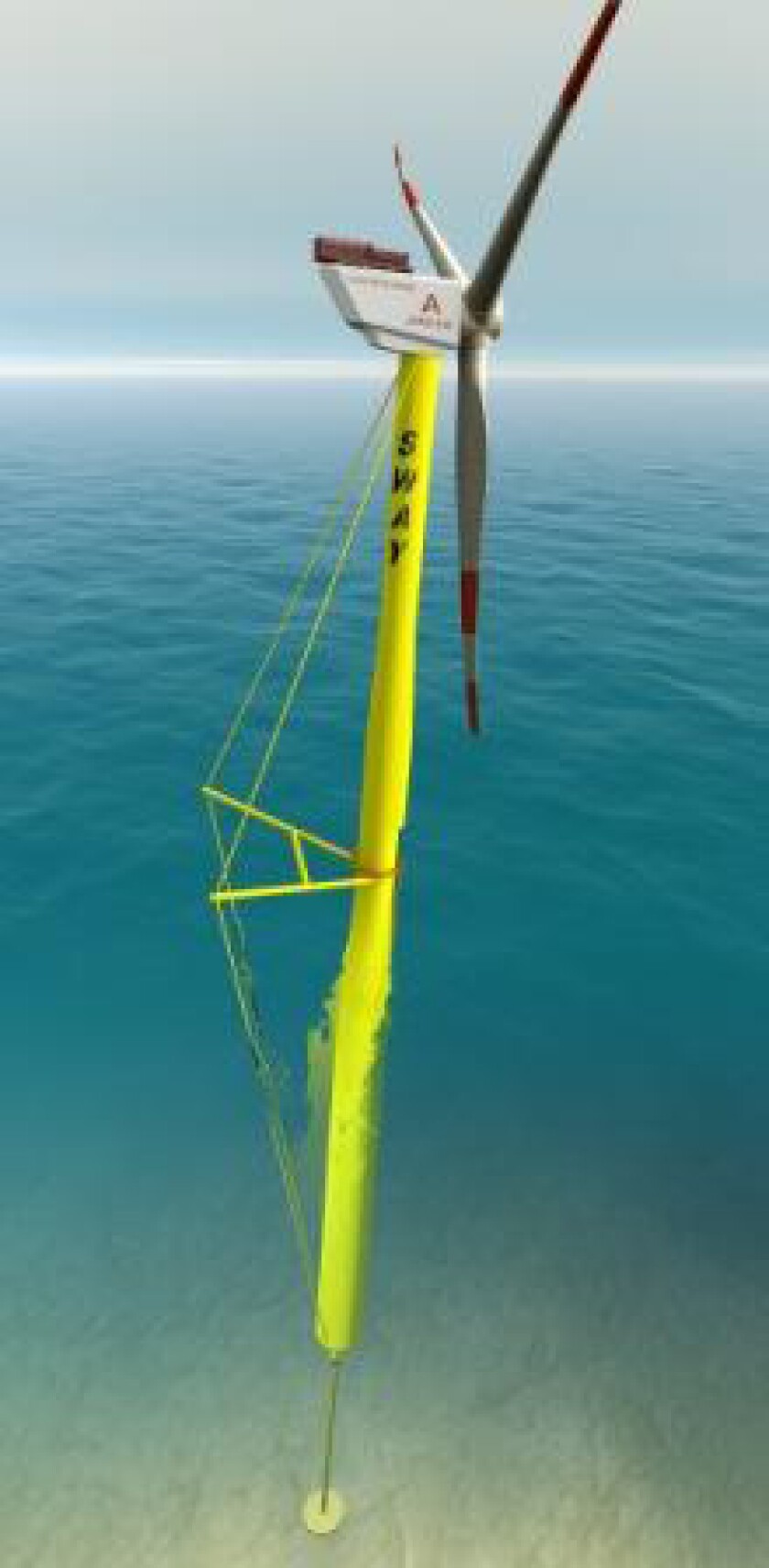 The floating tower is anchored to the seabed with a single pipe and a suction anchor