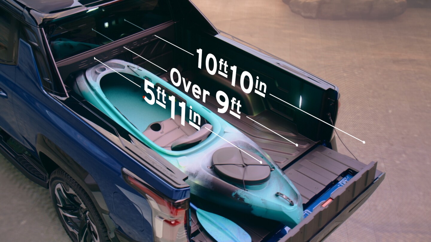 The Silverado EV RST's Multi-Flex Midgate adjusts total usable bed length between just under 6 ft and 9 ft, and the available Multi-Flex Tailgate pulls it out to nearly 11 ft