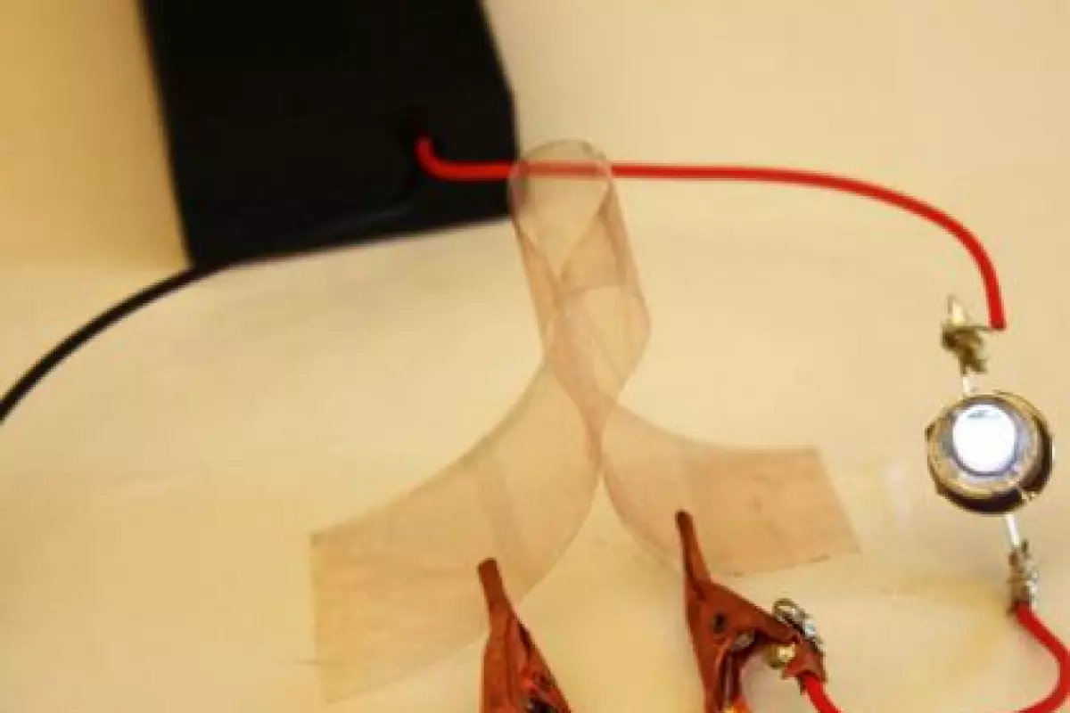 A new flexible film made of copper nanowires and plastic conducts electricity illuminating a small light bulb (Image: Ben Wiley, Duke University)