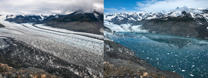 Columbia Glacier, Alaska, has retreated by 6.5 km (4 miles) between 2009 (left) and 2015 (right)