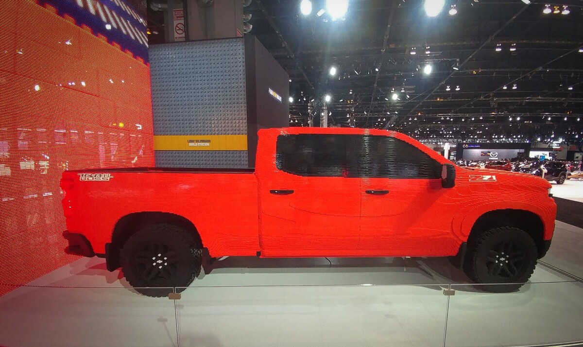 The Lego Chevrolet Silverado, unveiled in Detroit, is front and center at the Chevrolet display in Chicago. Behind it is a booth where kids can assemble their own smaller version of the truck