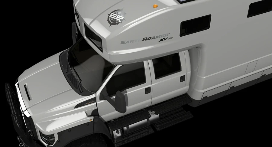 The EarthRoamer XV-HD can store up to 200 gal (909 L) of fresh water and can produce hot water continuously