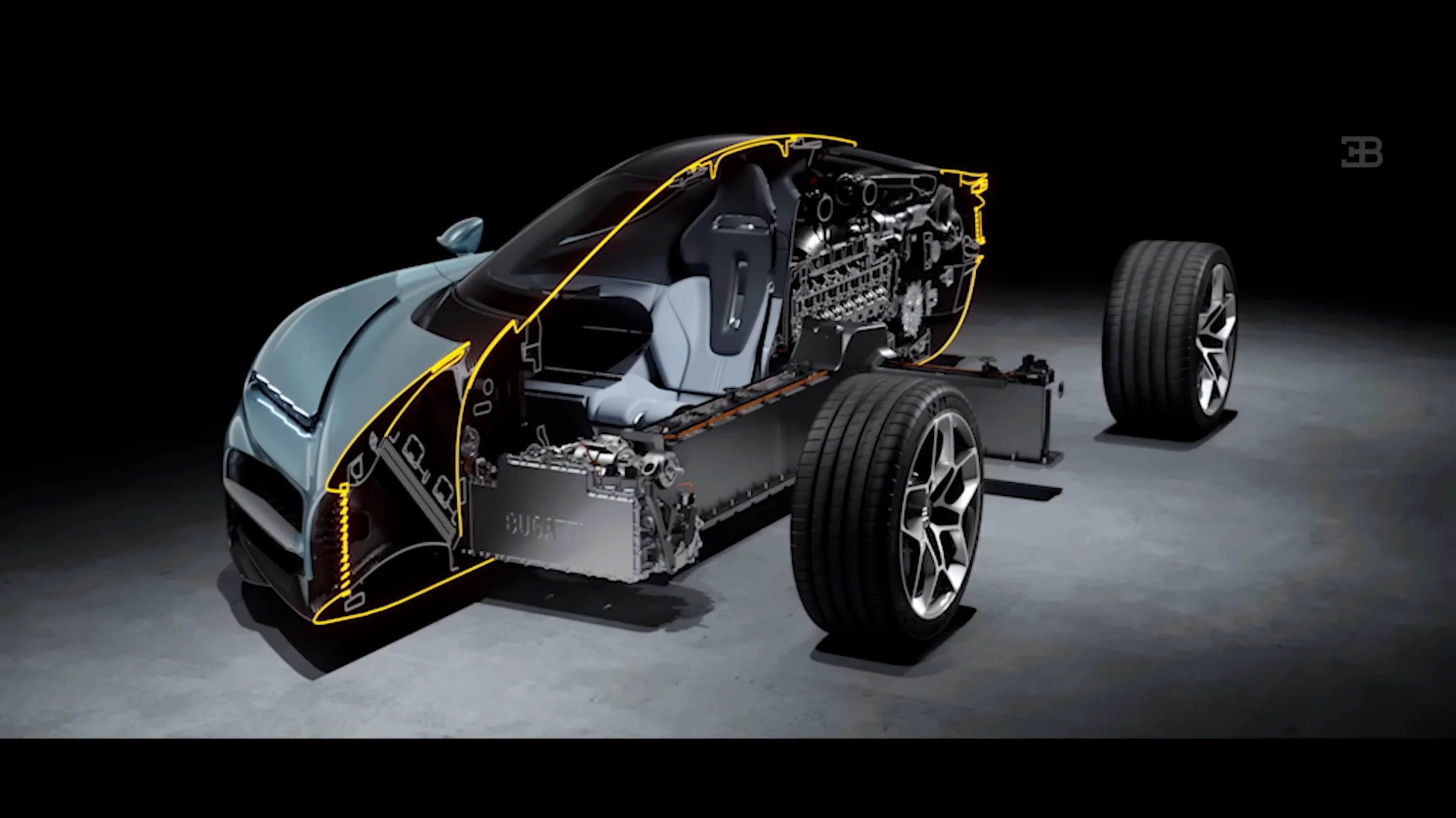 A cutaway of the Bugatti Tourbillon showing the T-shaped battery back and electric motors up front