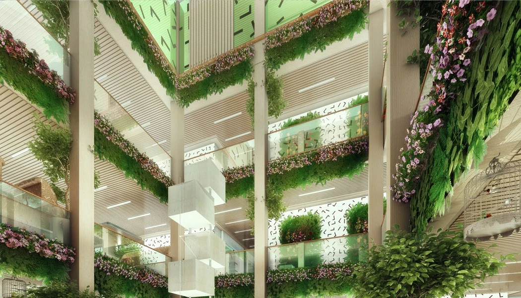 The green interior of the Elastic Woodscraper II (Image: Weingartner Architects)