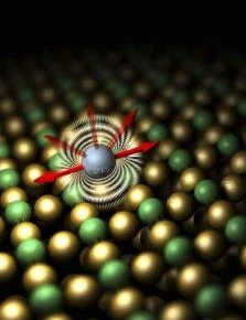 Illustration of the preferred magnetic orientation of an iron atom on a specially prepared copper surface. The ability of an atom to maintain its magnetic orientation can help determine that atom's suitability for storing data.