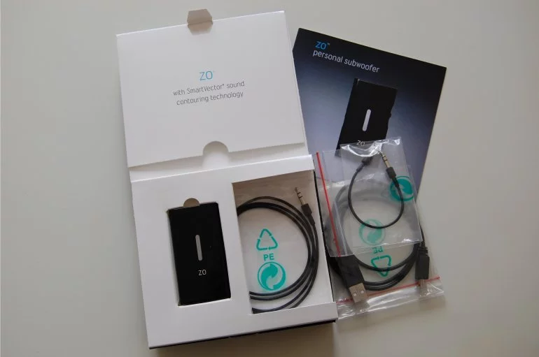 In the box: the Zo, two audio cables, a USB charging cable and a user guide