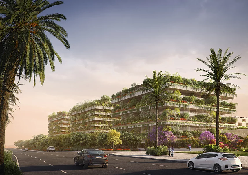 The buildings will host 350 trees and over 14,000 shrubs and perennials