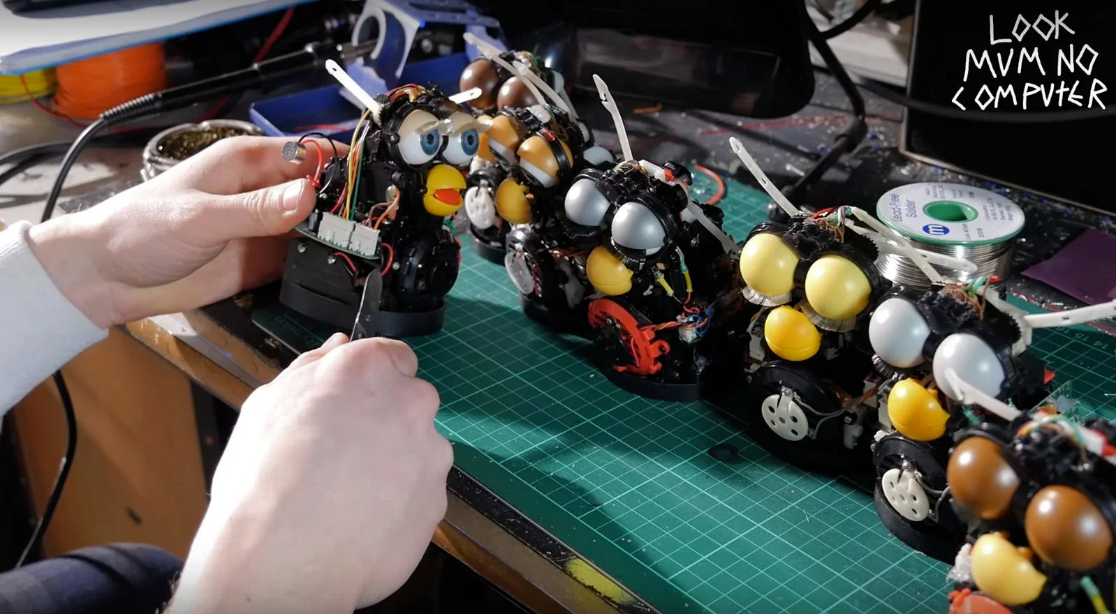 Each Furby had to be dismantled and wired up to a main board housed at the rear of the Furby Organ's ply case