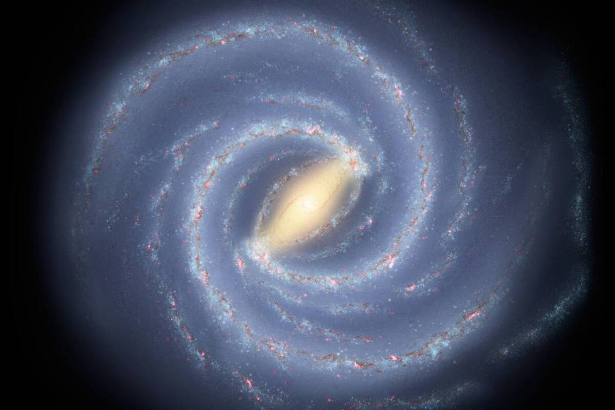 An artist's impression of the Milky Way galaxy, where the bar is clearly visible across the center