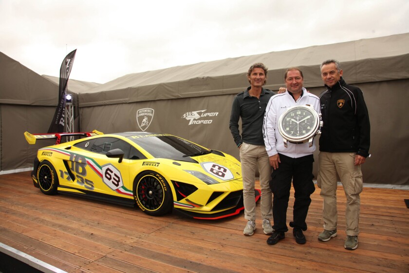 From left to right - Lamborghini CEO Stephan Winkelmann, Balncpain Vice President Alain Delamuraz, Maurizio Reggiani with the Lamborghini Gallardo LP 570-4 Super Trofeo 2013