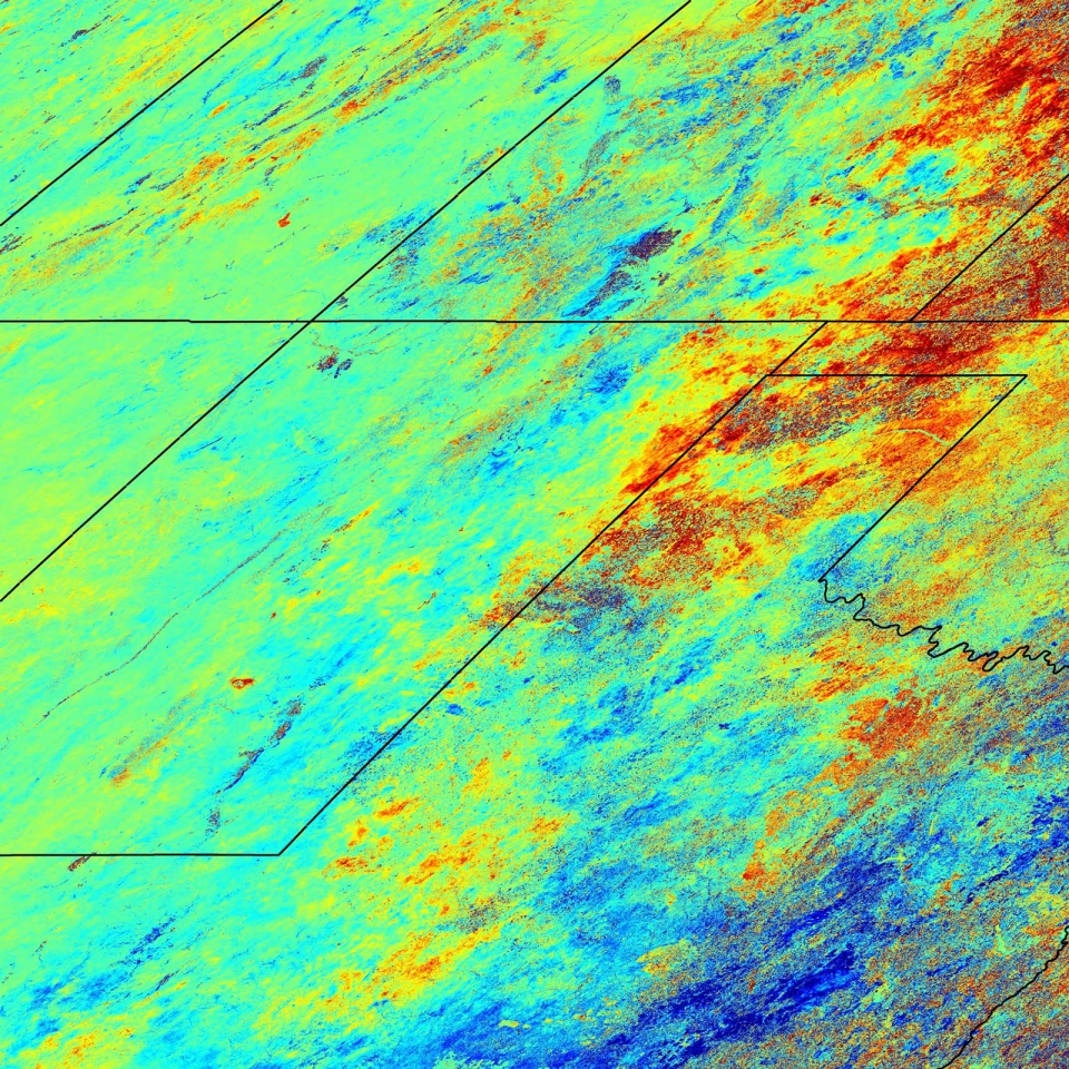 Satellite image showing the change in plant cover, as measured by the Enhanced Vegetation Index, in the U.S. Southwest between June 2003 and June 2004 (Image: Philip Dennison, University of Utah)