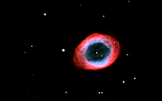 Astrophoto of M57, the Ring Nebula, clearly showing intense hydrogen-alpha emissions. Taken with an 28 cm (11 in) Schmidt-Cassegrain scope using the ONAG