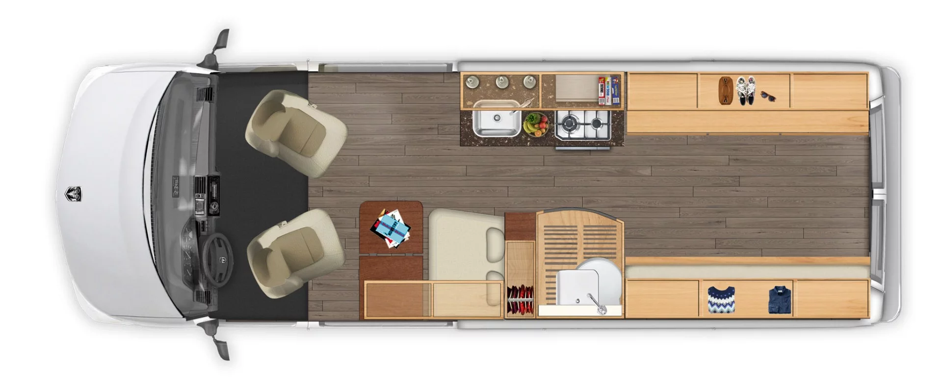 Hymer Aktiv 2.0 Loft Edition standard floor plan with foldaway rear bed (daytime)