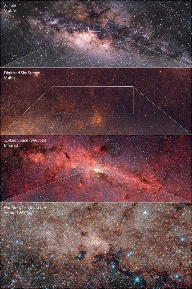Stacked images in the visible and infrared wavelength displaying the new Hubble composite in a wider context