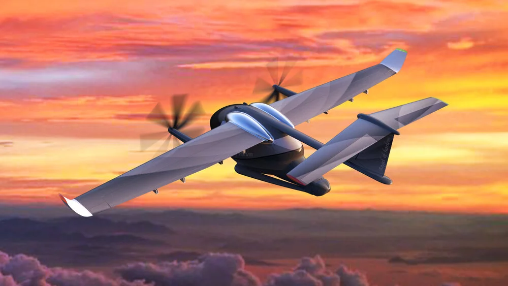 Landing gear folds back for low-drag forward flight