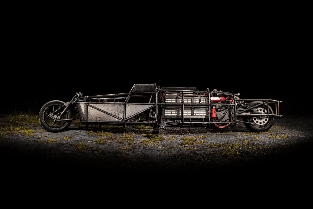 Shea Nyquist's home-made land speed bike has completed dodgy road testing and is ready to get some aerodynamic fairings on and go salt flat racing