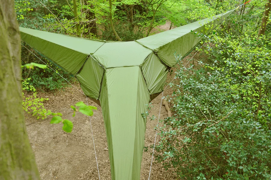 The Tentsile shelter features a collapsible frame with webbing straps that are made from fire-retardant, UV- and water-resistant polyester fabric infill panels