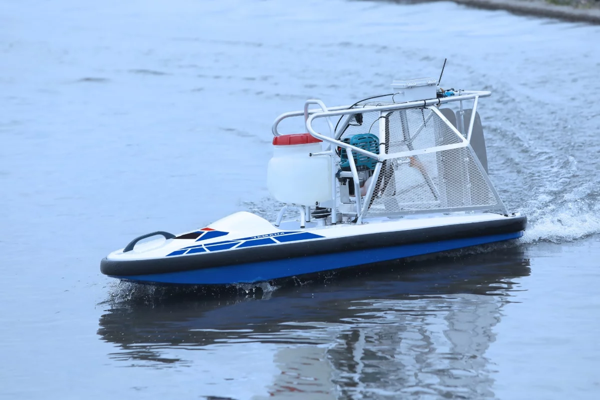 The Yamaha Water Strider sprays herbicide from its hull