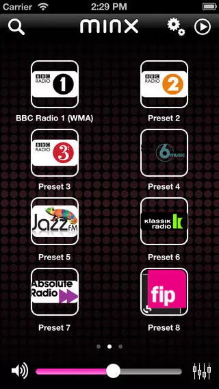 The main menu screen of the Minx Air iOS app