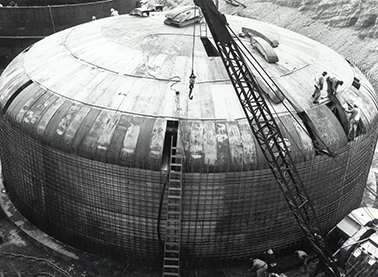 One of the waste storage tanks being constructed in 1944