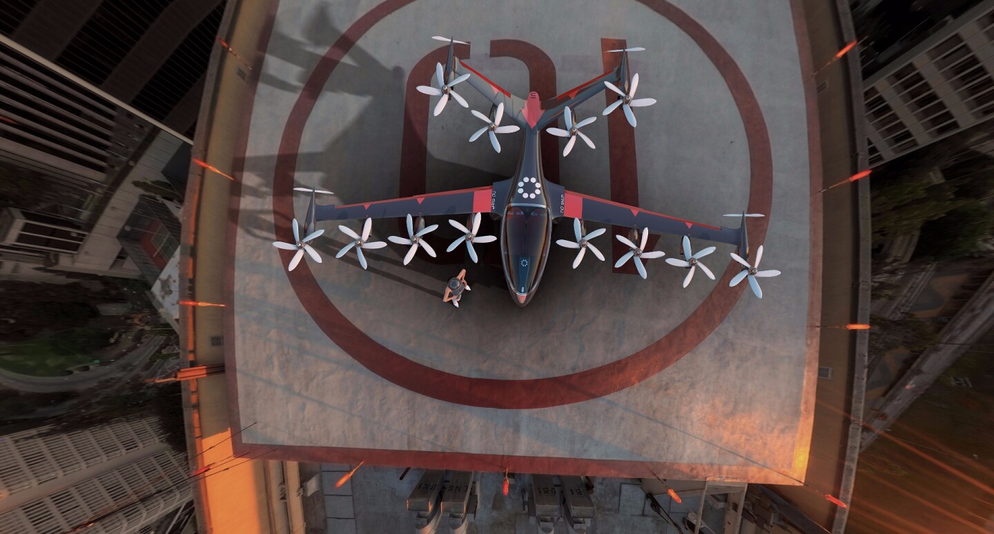The Joby S2 VTOL tilt-rotor aircraft's 12 tilting rotors handle takeoff, hover and landing, while four cruise props take over at cruise speeds for efficiency