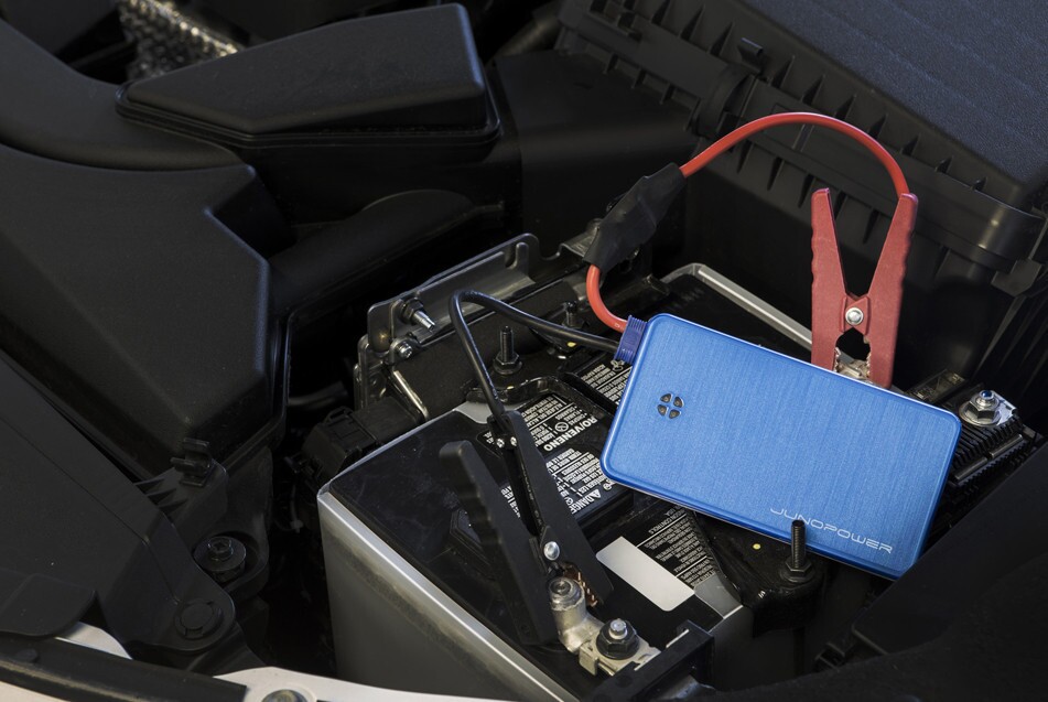 The Juno Jumper powers devices through USB, but can also output 12 V at up to 300 amps to jumpstart a car