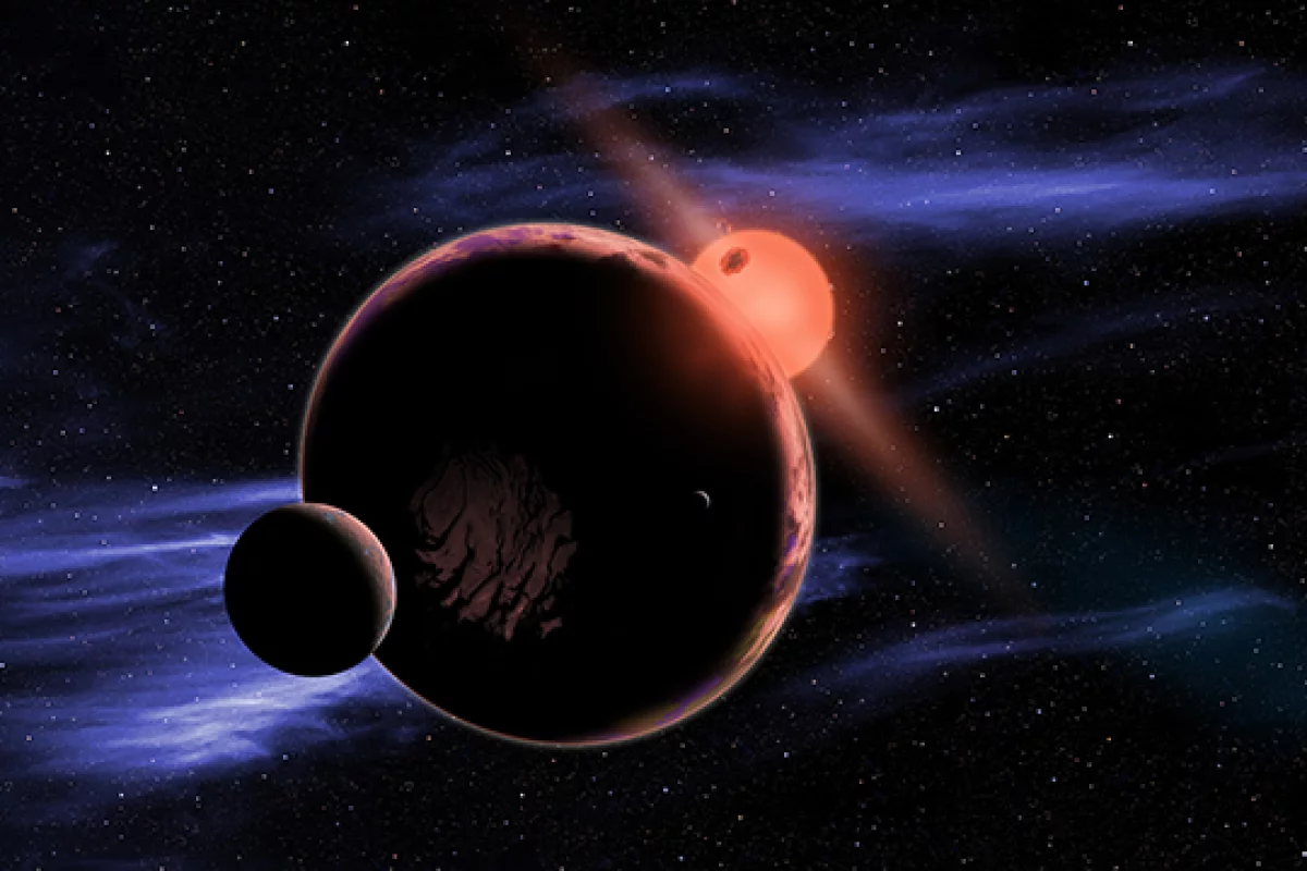 Artist rendering of an exoplanets with two moons orbiting a red dwarf star