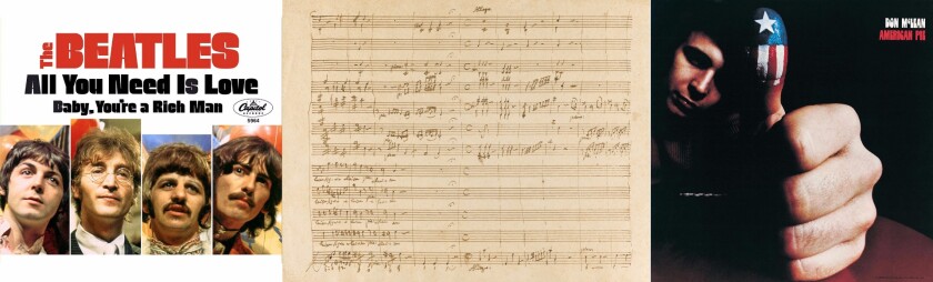 Several handwritten lyrics to popular songs have fetched similar amounts at auction to Einstein's groundbreaking paper, with John Lennon's original words for the Beatles' 'All You Need is Love' fetching $1.25 million, Don McLean's handwritten lyrics to 'American Pie' fetching $1,205,000 and the two-page words written by John Lennon for 'A Day in the Life' from the Beatles' 1967 album Sgt. Pepper's Lonely Hearts Club Band fetching $1,202,500. Popular culture outsells most comparable genres: Wolfgang Amadeus Mozart's autograph manuscript for 'The Kyrie in C' fetched $974,000.
