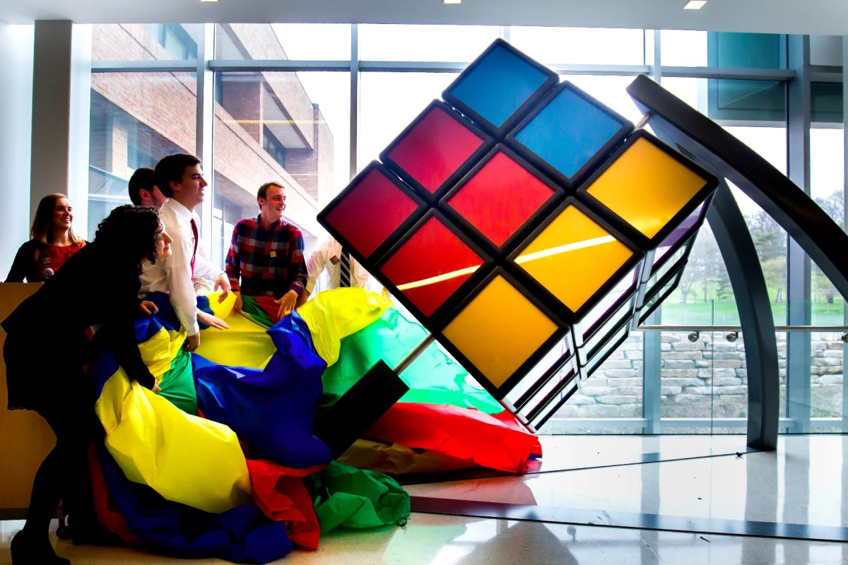 The cube is unveiled at the university's G.G. Brown Building