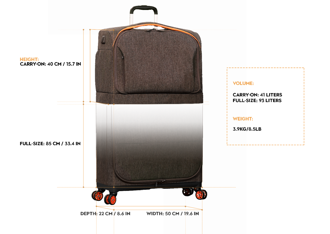 Dimensions of the Rollux luggage