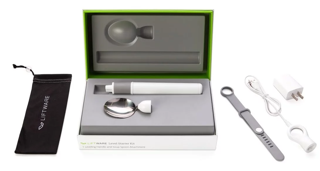 For US$195, the Liftware Level Starter Kit comes with the handle, a spoon attachment, hand strap, charger and travel pouch