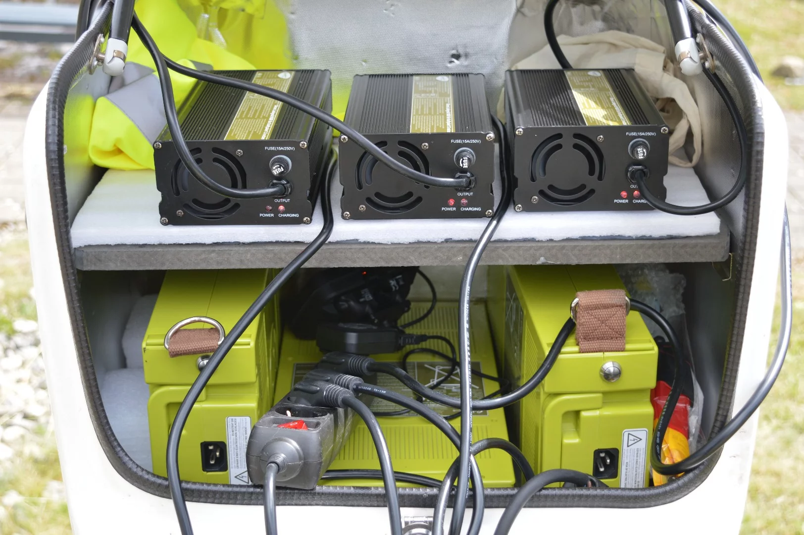 Our typical setup included a charger per battery, all connected to a single extension