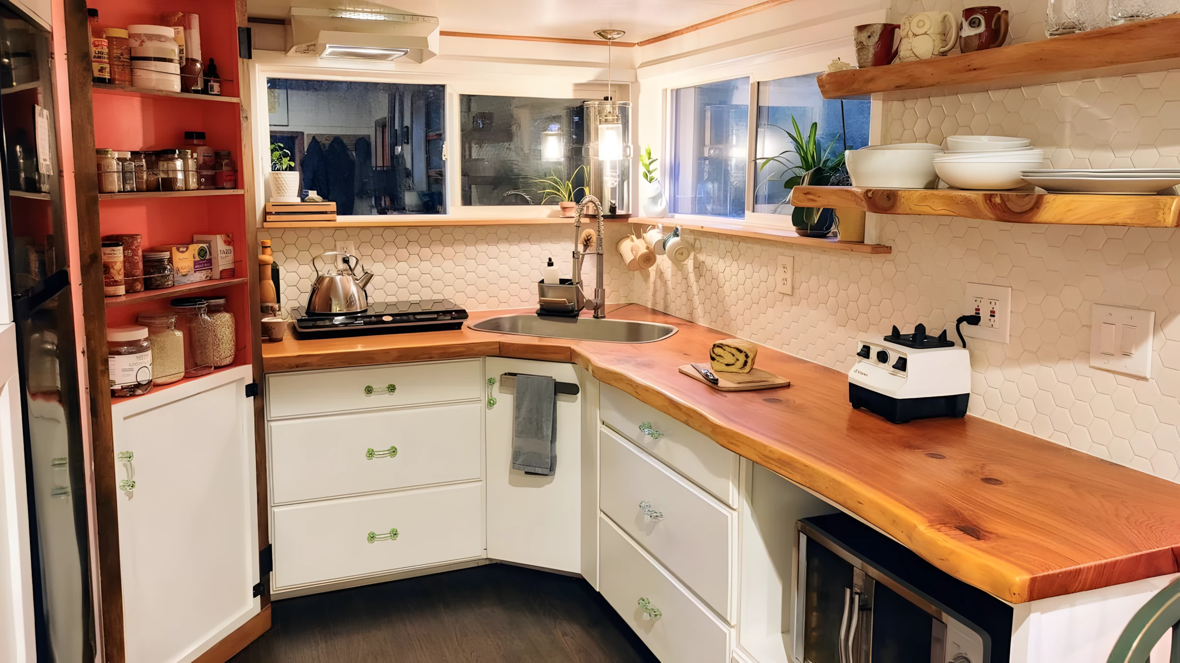 The Owl's Nest's kitchen includes lots of storage space and attractive cedar countertops