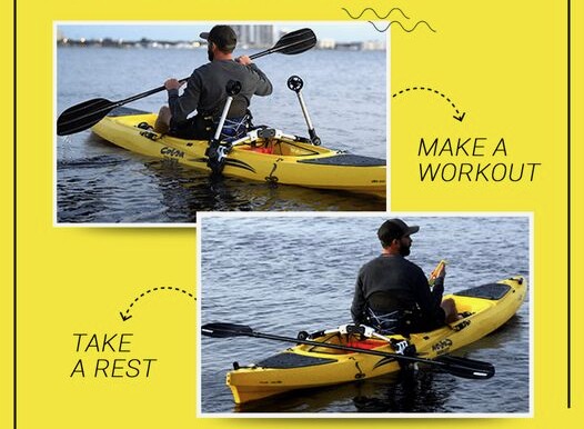 The system's two motors fold up out of the water when not in use (top)