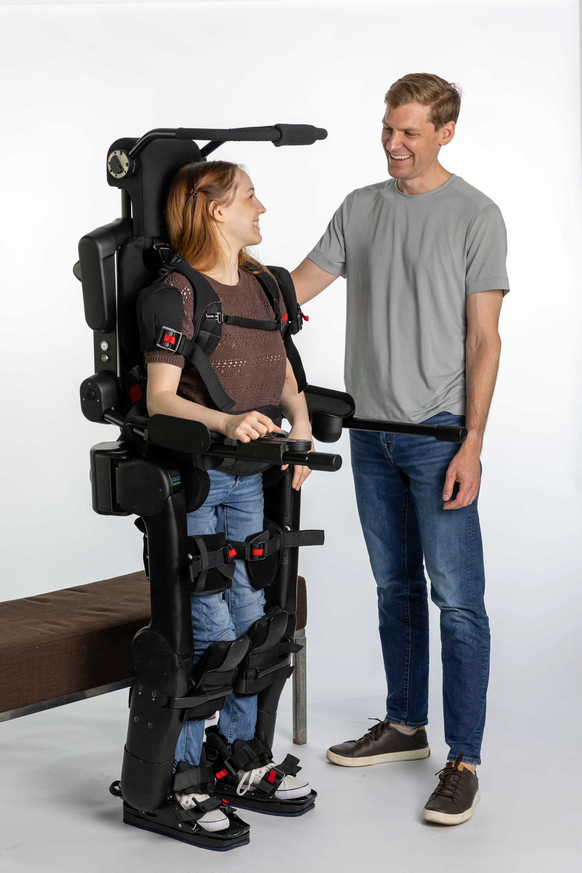 A joystick lets users control every step, turn, and stance shift