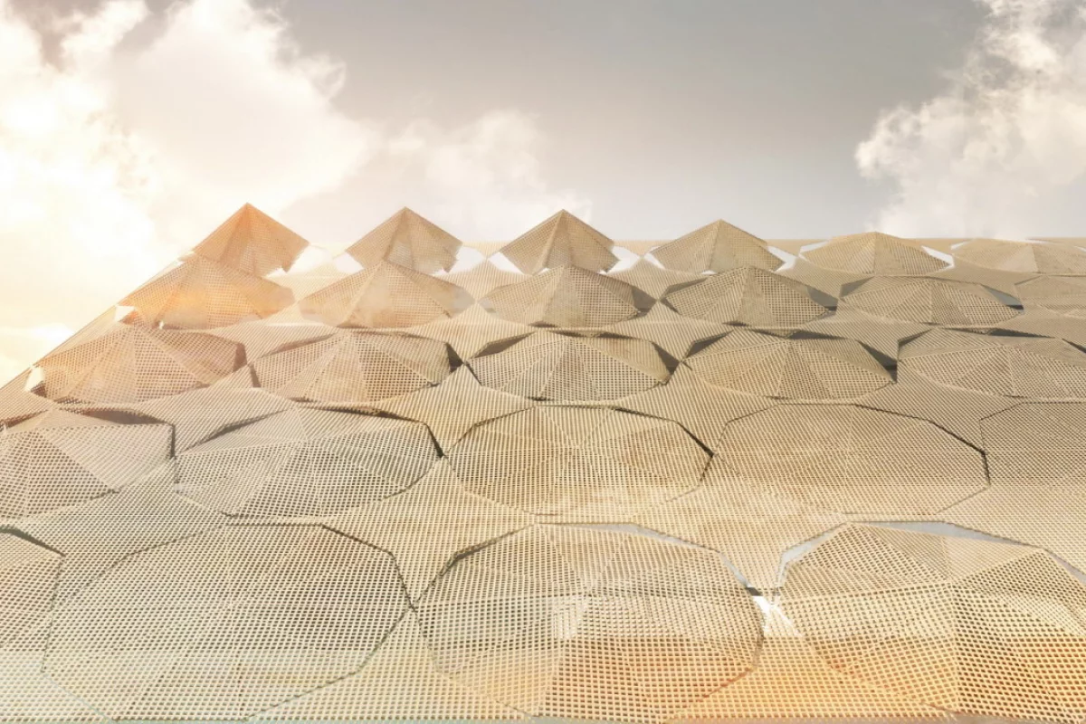 The new screen will feature steel umbrellas that can be individually opened and closed and used to manage light levels within the complex (Image: 3Gatti)