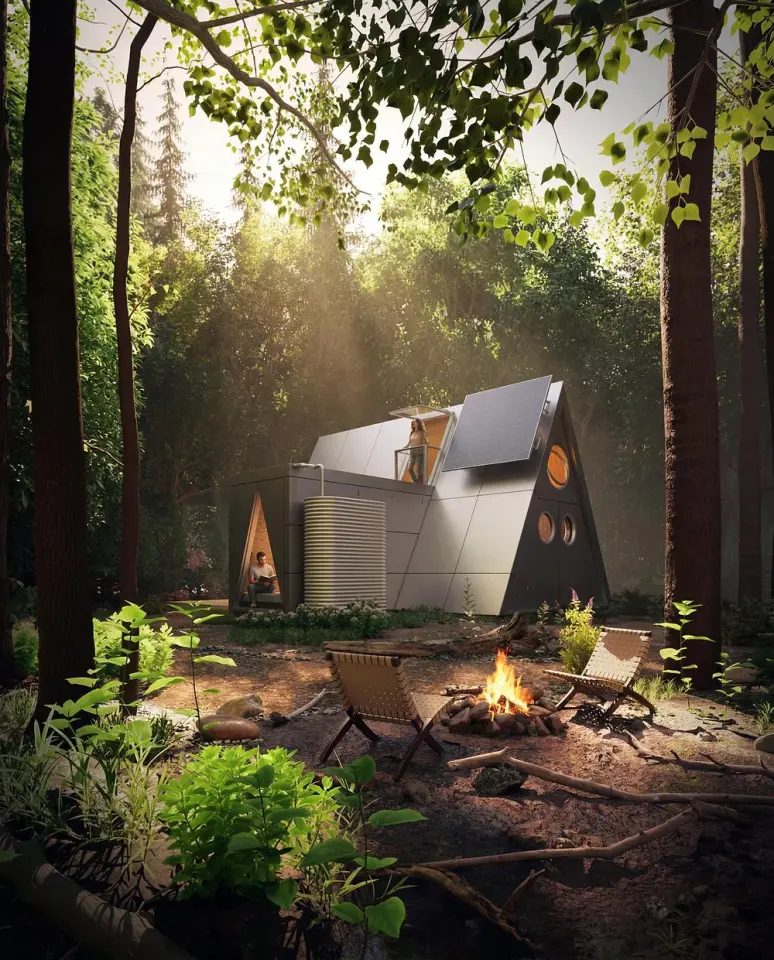 The steeply pitched Camping House opens into a larger dwelling once deployed, with solar panels integrated into the roof